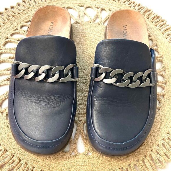 Vionic Georgie Navy Leather Chain Slip-On Mules Size 8.5 - Picture 4 of 10
